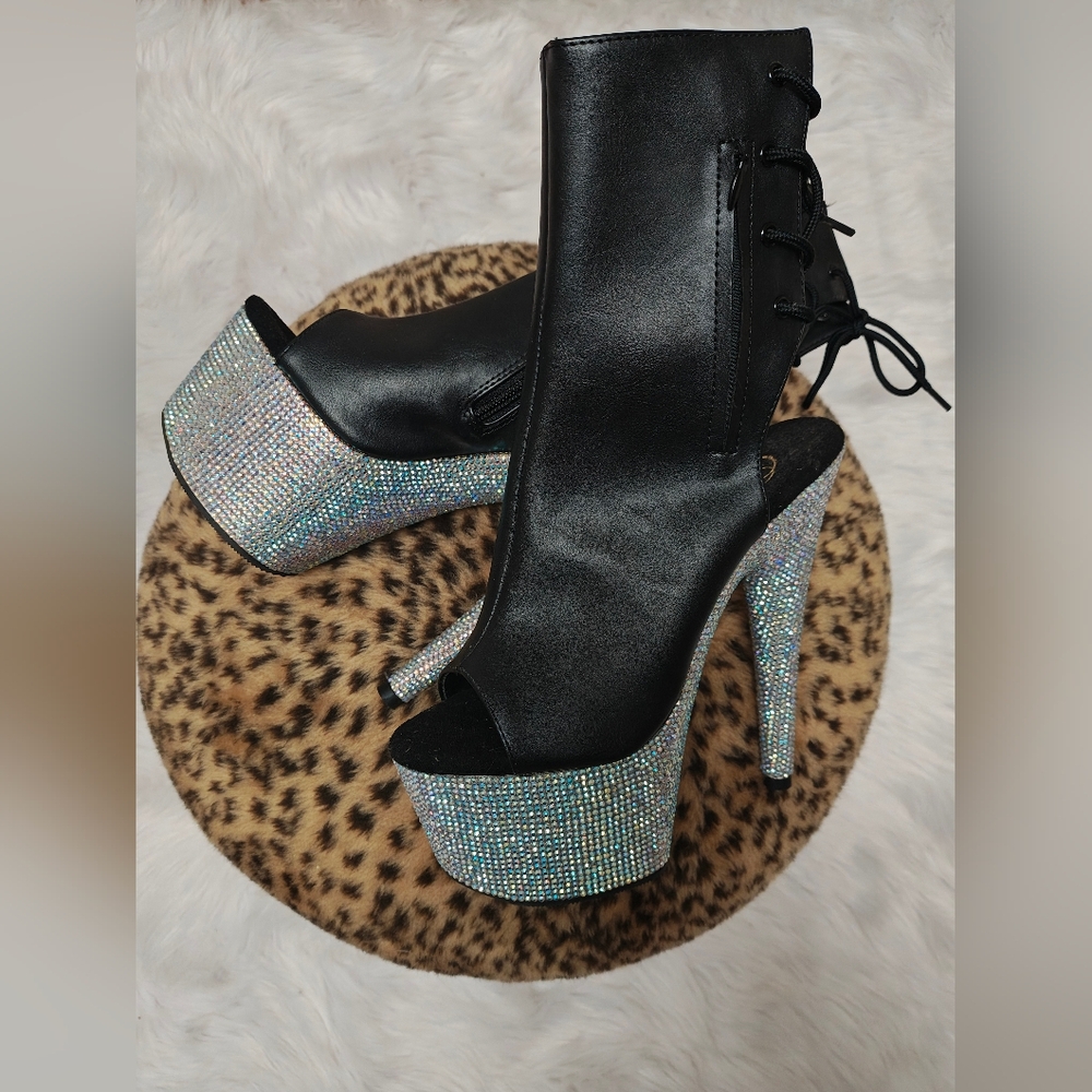 PLEASER BEJEWELED-1018DM-7 7" Heel Platform Open Toe Ankle W/Rhinestones Boots